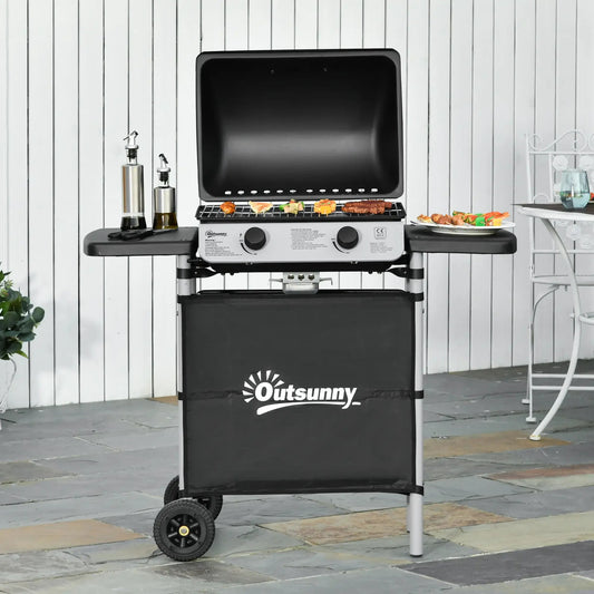 Outsunny 2 Burner Gas BBQ Trolley with Lid, 5.6 kW Gas Barbecue Grill with Wheels, Side Shelves, Grey 846 - 063V70GY - Garden & Outdoor