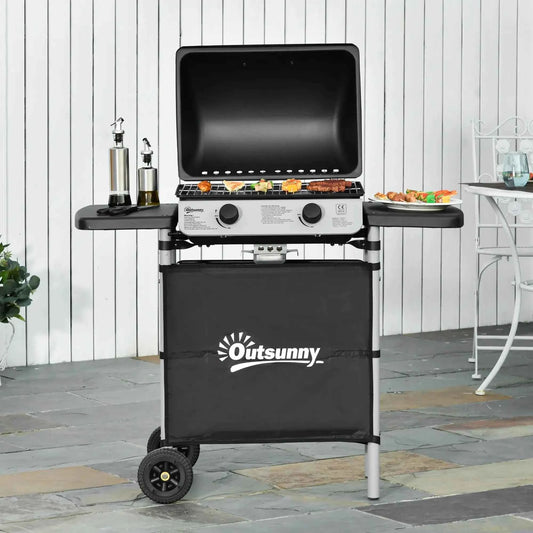 Outsunny 2-Burner Gas BBQ Trolley with Lid & Side Shelves - Grey | 846-063V70GY