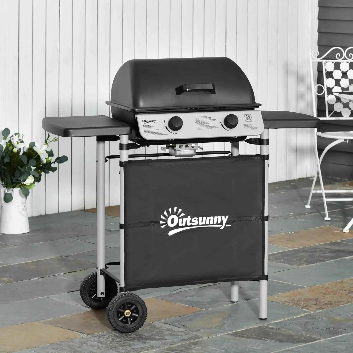 Outsunny 2-Burner Gas BBQ Trolley with Lid & Side Shelves - Grey | 846-063V70GY