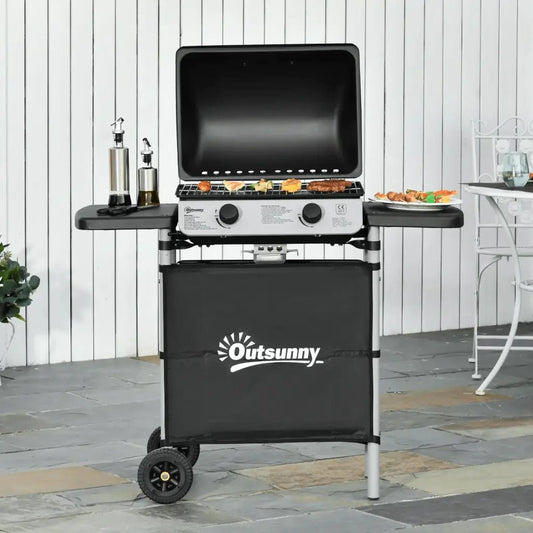 Outsunny 2 Burner Gas BBQ Trolley with Lid, 5.6 kW Gas Barbecue Grill with Wheels, Side Shelves, Black 846 - 063 - Garden & Outdoor