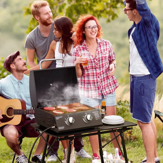 Outsunny 2 Burner Gas BBQ Grill Outdoor Portable Folding Tabletop Barbecue w/ Lid, Thermometer, Carbon Steel, Black 846 - 104V70BK - Garden & Outdoor