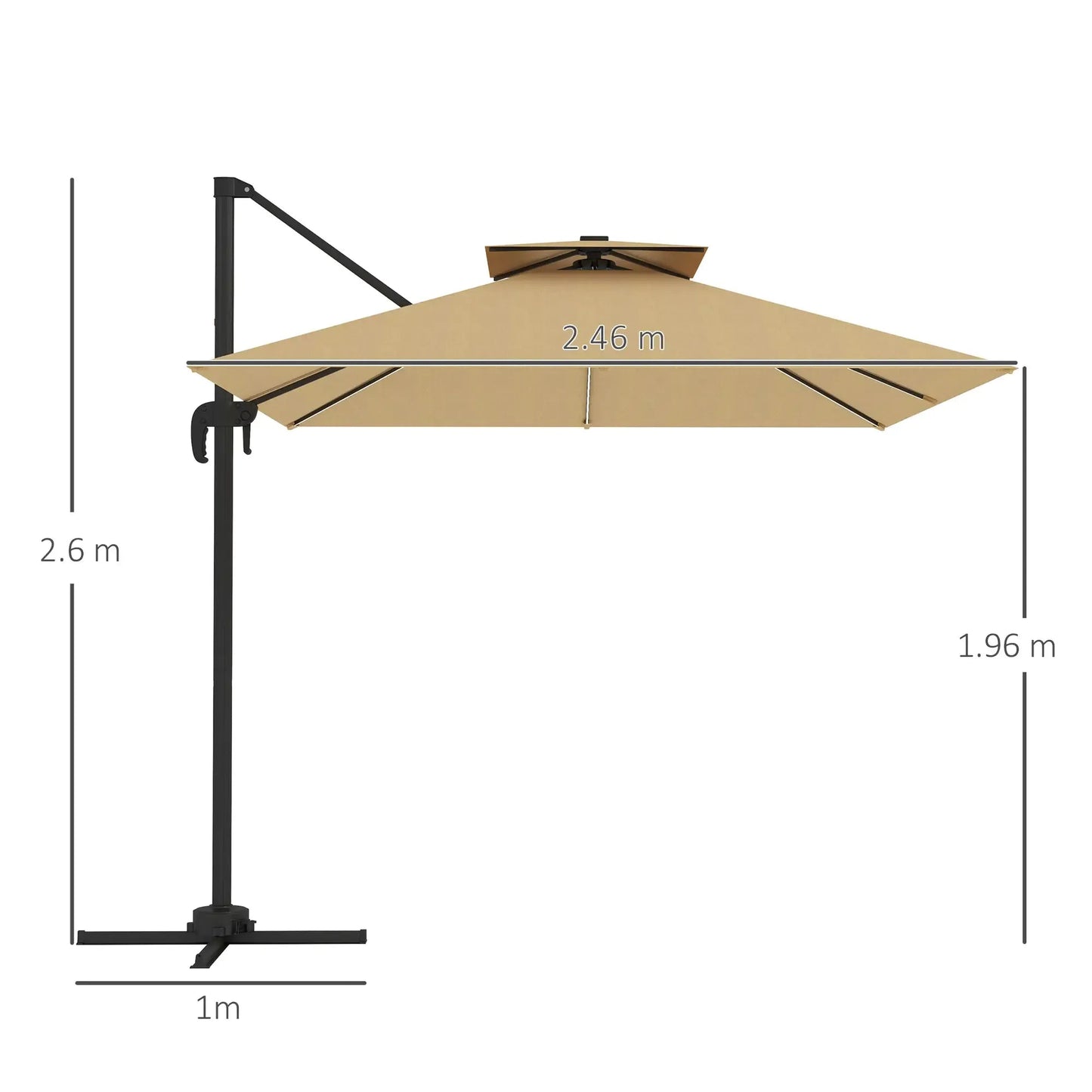 Outsunny 2.5m Cantilever Parasol with Solar Powered LED Lights, 360° Rotation, Tilt Adjustment, Crank Handle - Khaki | 84D - 347V00KK - Furniture, Lighting & Decor