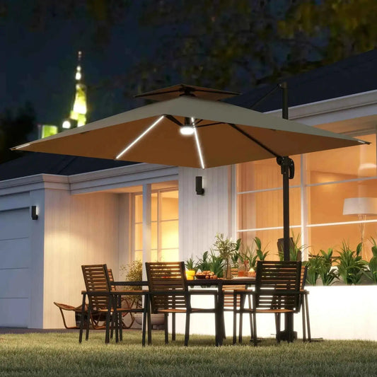 Outsunny 2.5m Powered Solar LED Cantilever Parasol - Khaki | 84D-347V00KK
