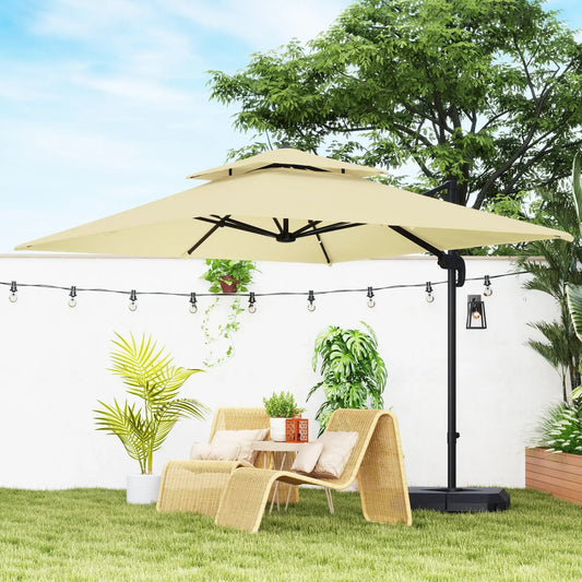 Outsunny 2.7 x 2.7(m) Cantilever Parasol with Aluminium Frame, Crank and Tilt, 360 - Degree Rotation, Double Top Garden Umbrella with Base and Cover - Khaki | 84D - 073V00KK - Furniture, Lighting & Decor