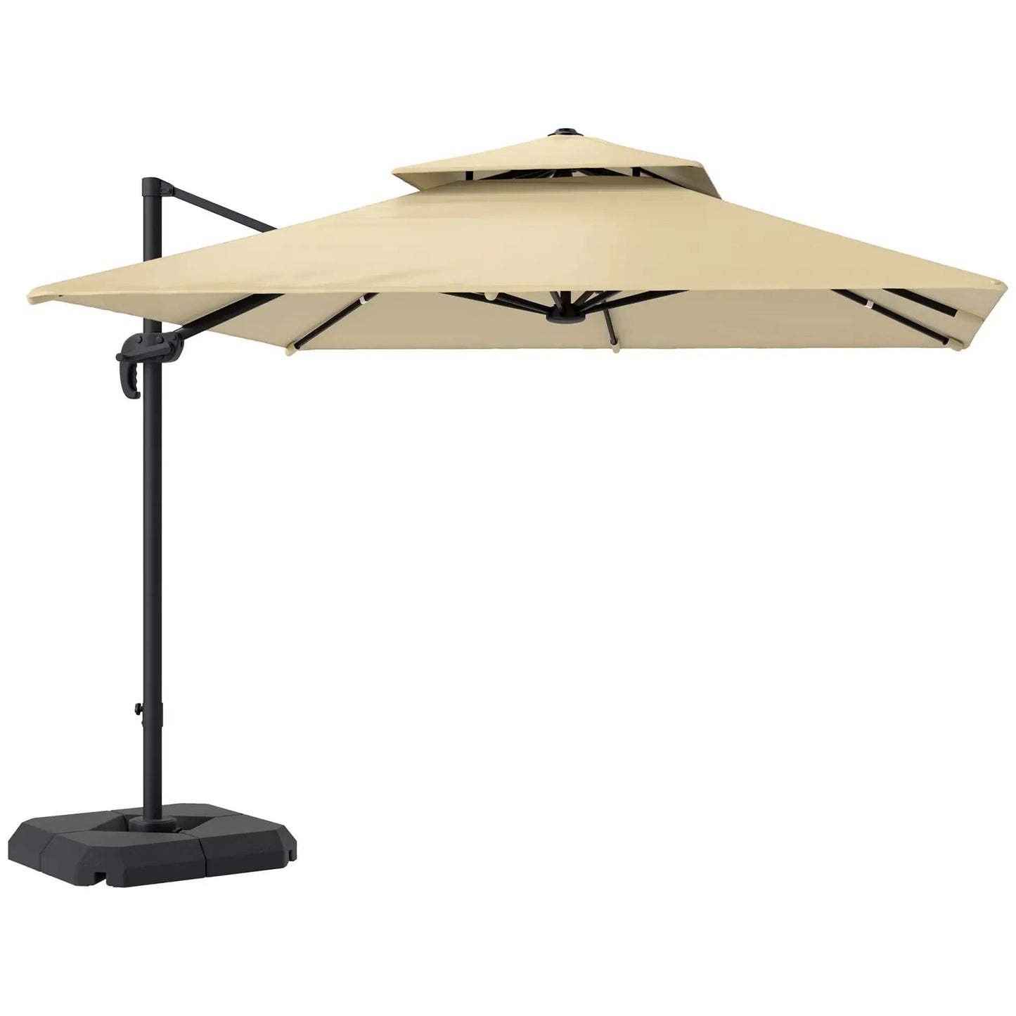Outsunny 2.7 x 2.7(m) Cantilever Parasol with Aluminium Frame, Crank and Tilt, 360 - Degree Rotation, Double Top Garden Umbrella with Base and Cover - Khaki | 84D - 073V00KK - Furniture, Lighting & Decor