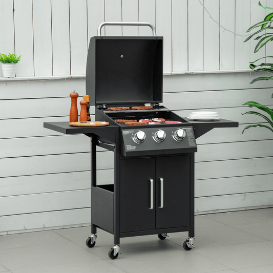 Outsunny 3 Burner Gas BBQ Grill Outdoor Portable Barbecue Trolley w/ Warming Rack, Side Shelves, Storage Cabinet, Thermometer, Carbon Steel, Black 846 - 103V70BK - Garden & Outdoor