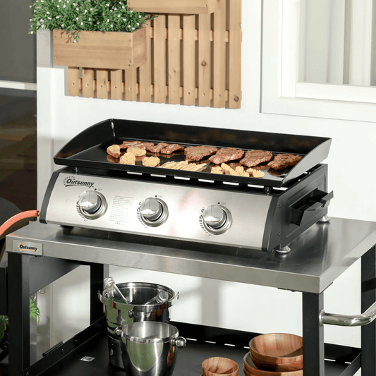 Outsunny 3 Burner Gas Plancha BBQ Grill with Lid, Black 846 - 128V70BK - Garden & Outdoor
