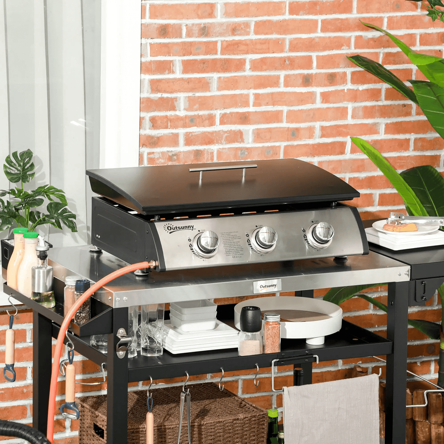 Outsunny 3 Burner Gas Plancha BBQ Grill with Lid, Black 846 - 128V70BK - Garden & Outdoor