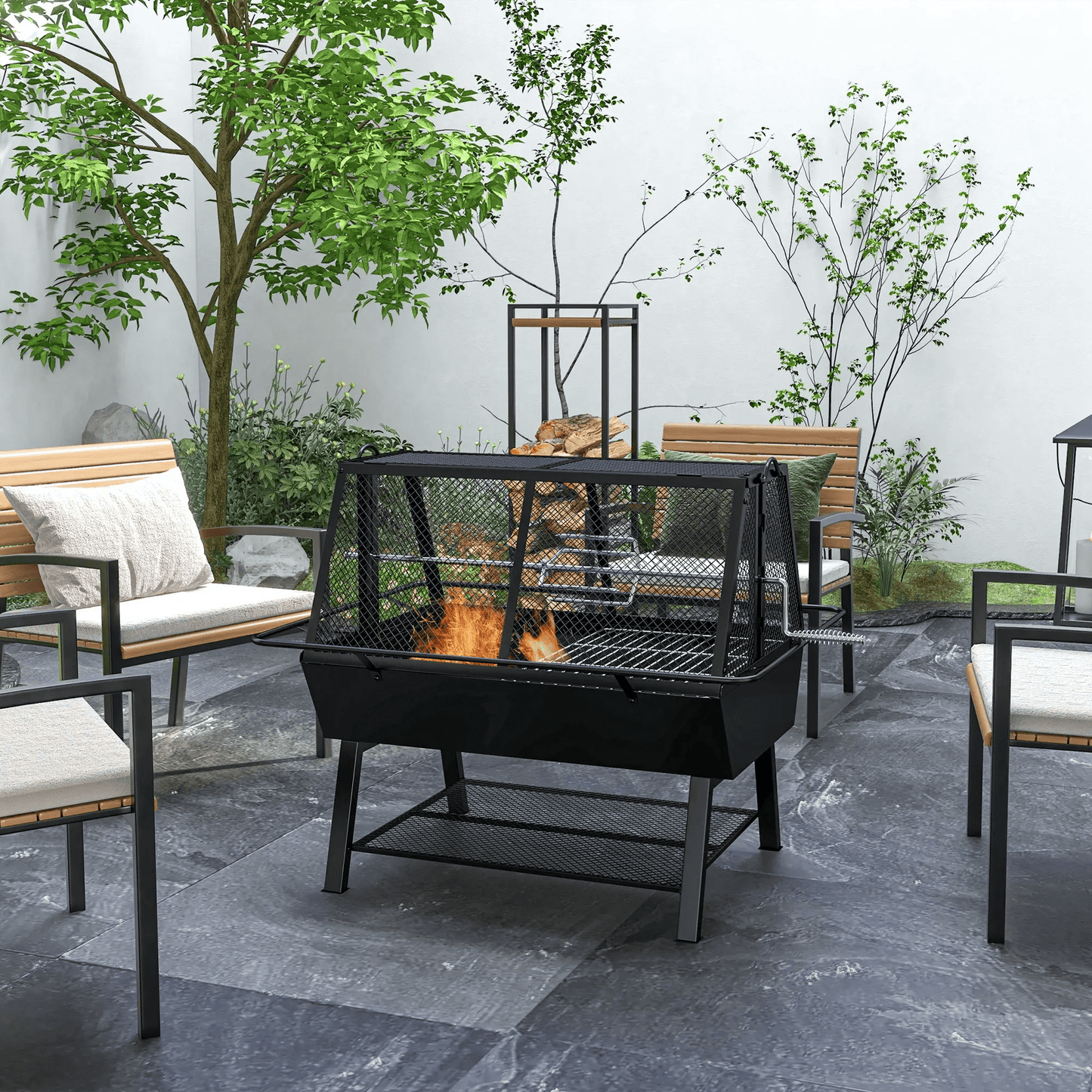 Outsunny 3 - in - 1 Barbecue Grill, Rotisserie Roaster and Fire Pit, with Cover 846 - 131V00BK - Garden & Outdoor