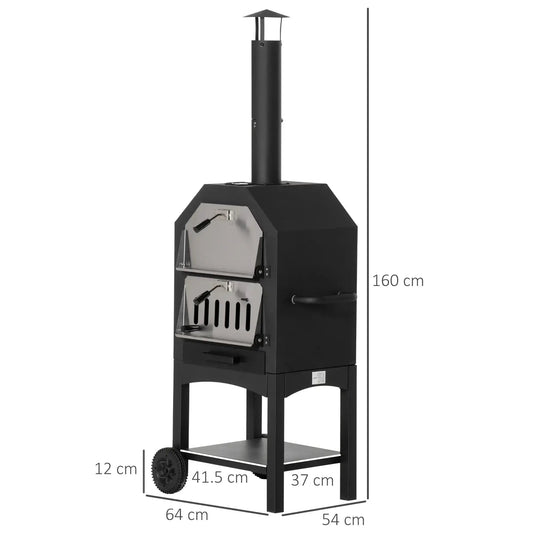Outsunny Outdoor Garden Pizza Oven Charcoal BBQ Grill 3 - Tier Freestanding w/ Chimney, Mesh Shelf, Thermometer Handles, Wheels Garden Party Gathering Stainless Steel Cooker 846 - 051 - Garden & Outdoor