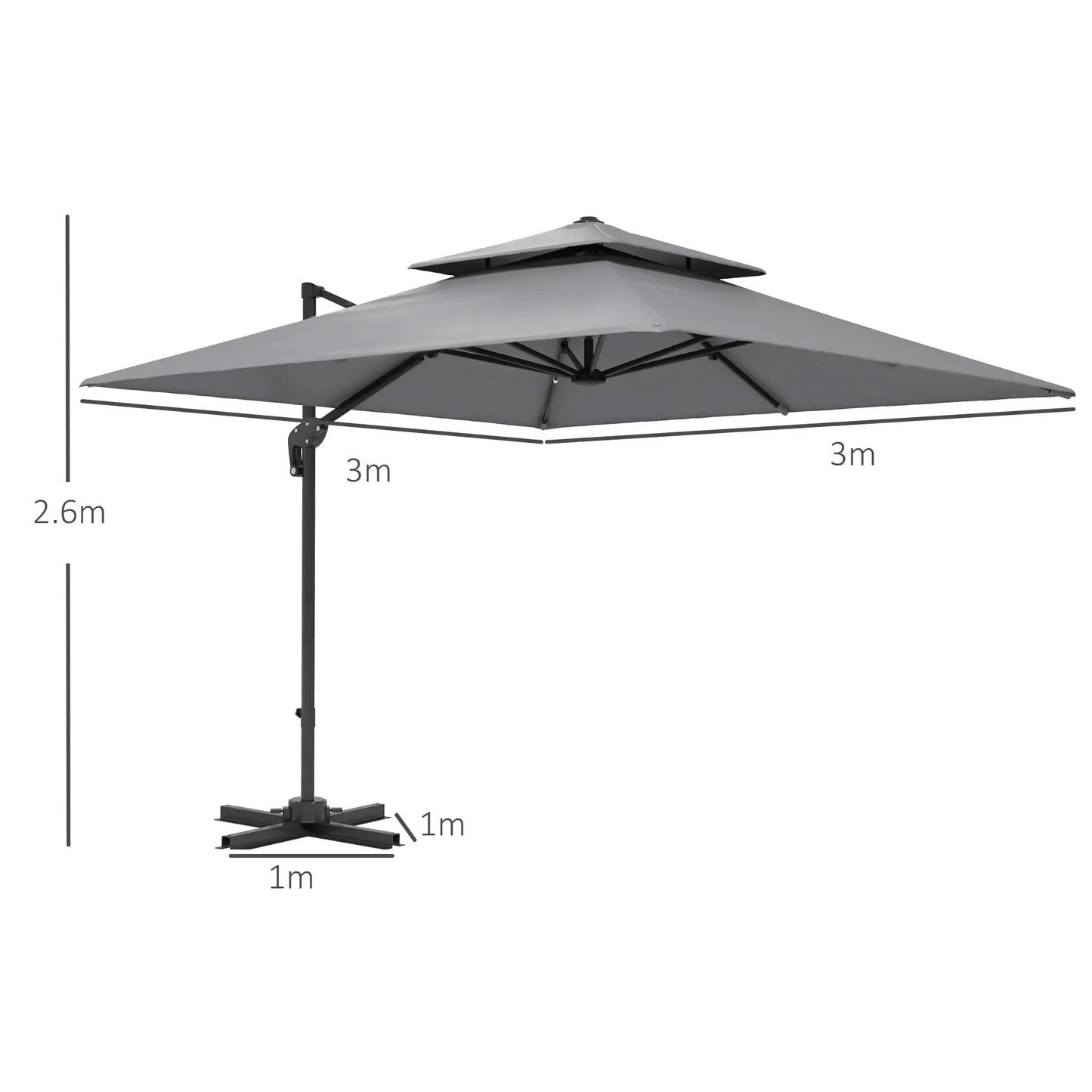 Outsunny 3 x 3 m Cantilever Parasol – Large Square Garden Umbrella with Aluminium Frame, Crank Tilt & 360° Rotation | 84D - 073V02LG - Furniture, Lighting & Decor