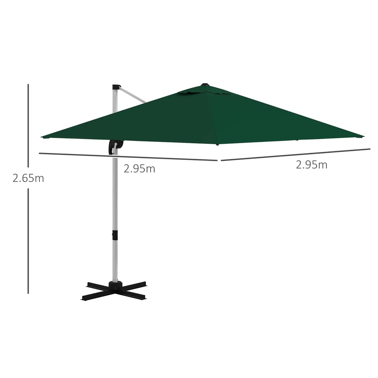 Outsunny 3 x 3(m) Cantilever Roma Parasol, Square Garden Umbrella with Cross Base, Crank Handle, Tilt, 360° Rotation and Aluminium Frame - Green| 84D - 086V02DG - Furniture, Lighting & Decor