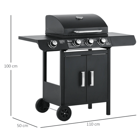 Outsunny 3+1 Burner Gas BBQ Grill, Outdoor Barbecue Trolley with Wheels, Warming Rack, Side Shelves, Cabinet, Thermometer for Garden, Party, Camping, 110L x 50W x 100Hcm, Black 846 - 064 - Garden & Outdoor