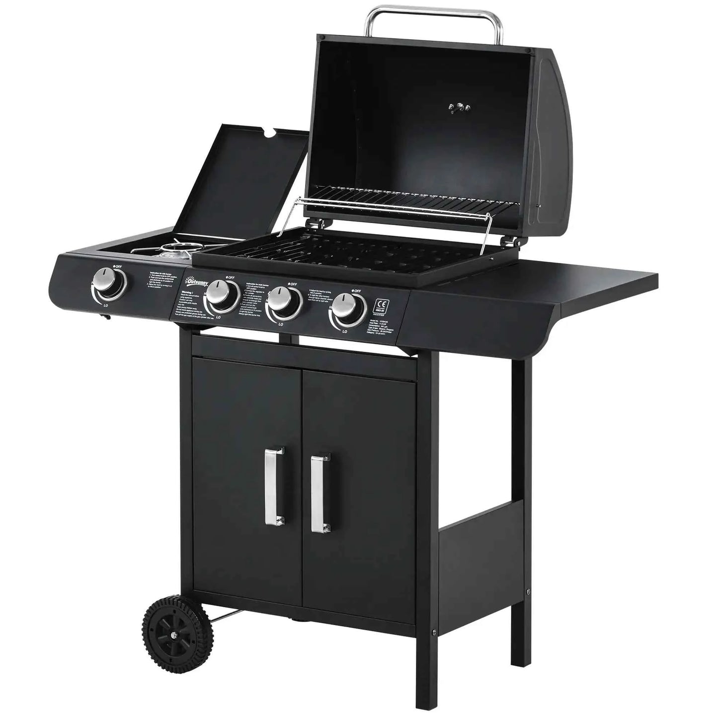 Outsunny 3+1 Burner Gas BBQ Grill with Wheels, Thermometer & Storage - Black | 846-064