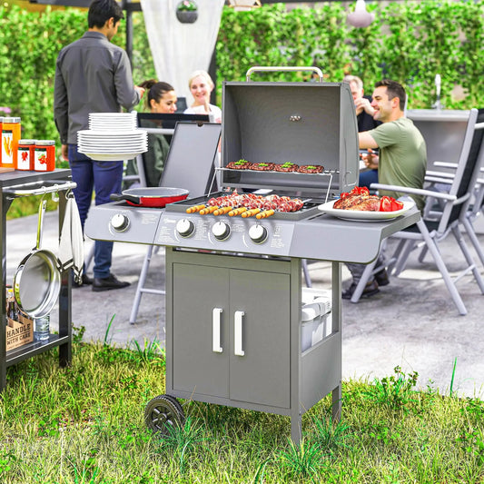 Outsunny 3+1 Burner Gas BBQ Grill, Outdoor Barbecue Trolley with Wheels, Warming Rack, Side Shelves, Cabinet, Thermometer for Garden, Party, Camping, 110L x 50W x 100Hcm, Grey 846 - 064V70GY - Garden & Outdoor