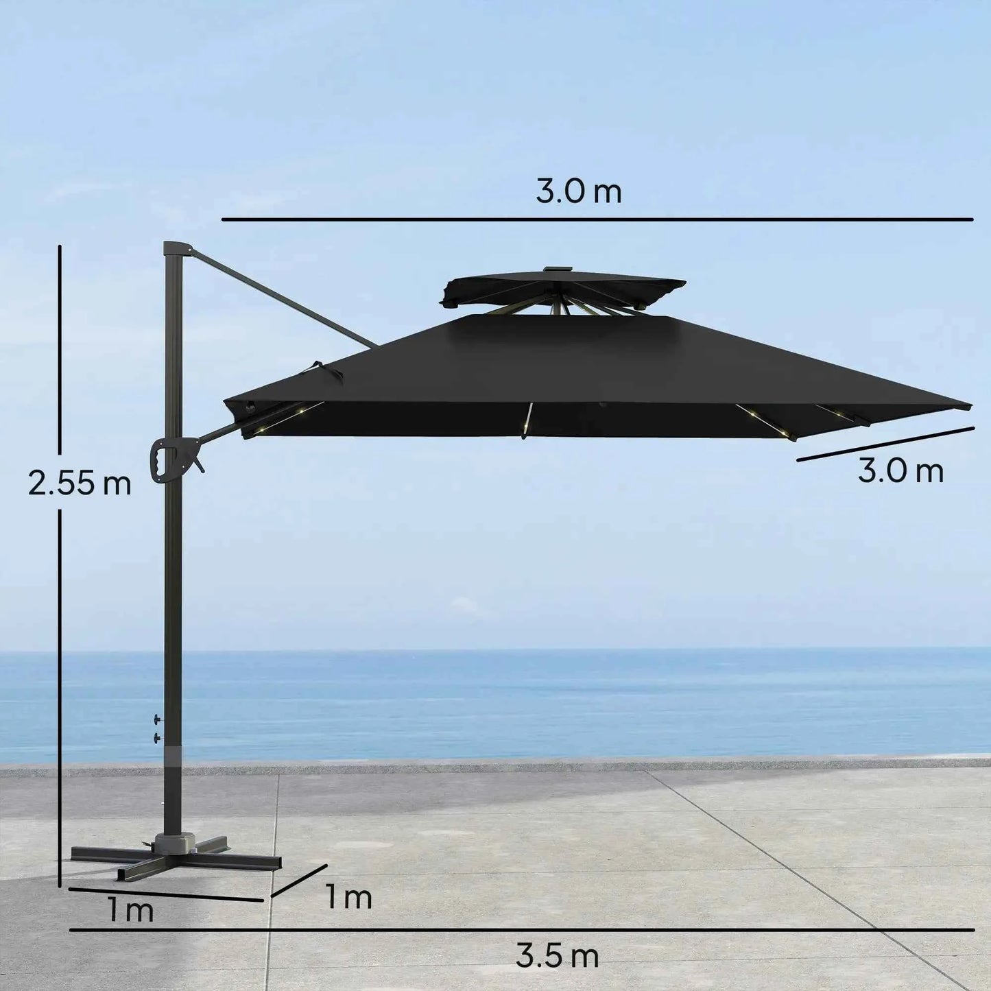 Outsunny Solar LED Cantilever Parasol - Black | 84D-433V00BK
