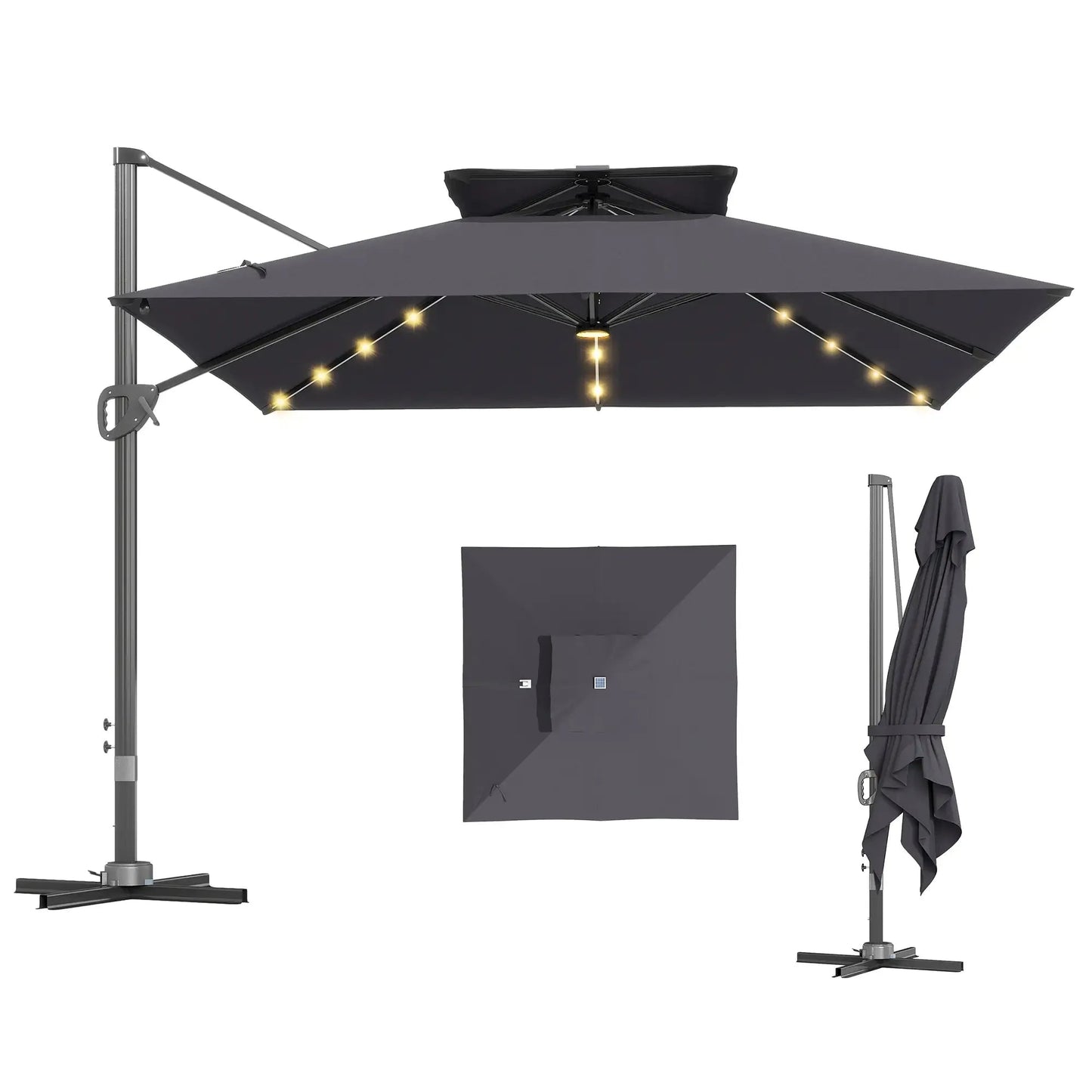 Outsunny 3.5x3 m Cantilever Parasol – Solar LED Garden Umbrella with Centre Light, Tilt & 360° Rotation - Dark Grey | 84D - 433V00CG - Furniture, Lighting & Decor