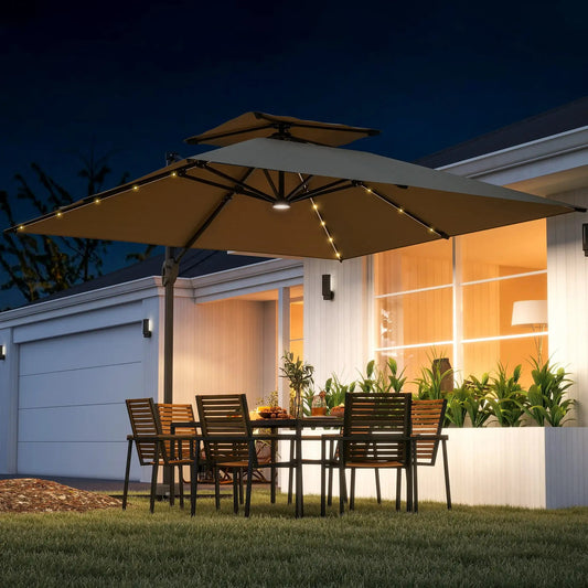 Outsunny 3.5x3 m Cantilever Parasol – Solar LED Garden Umbrella with Centre Light, Tilt & 360° Rotation - Khaki | 84D - 433V00KK - Furniture, Lighting & Decor