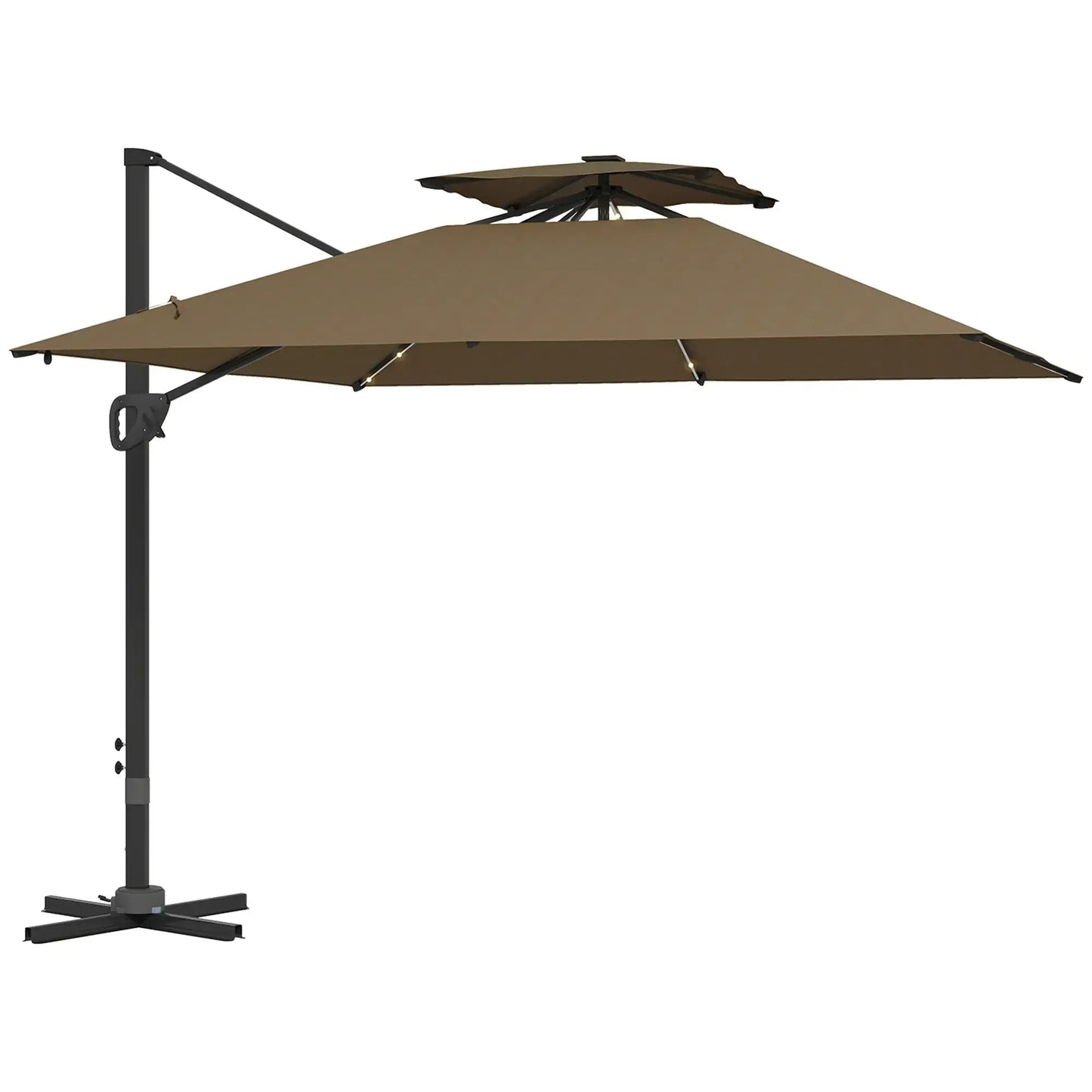 Outsunny 3.5x3 m Cantilever Parasol – Solar LED Garden Umbrella with Centre Light, Tilt & 360° Rotation - Khaki | 84D - 433V00KK - Furniture, Lighting & Decor