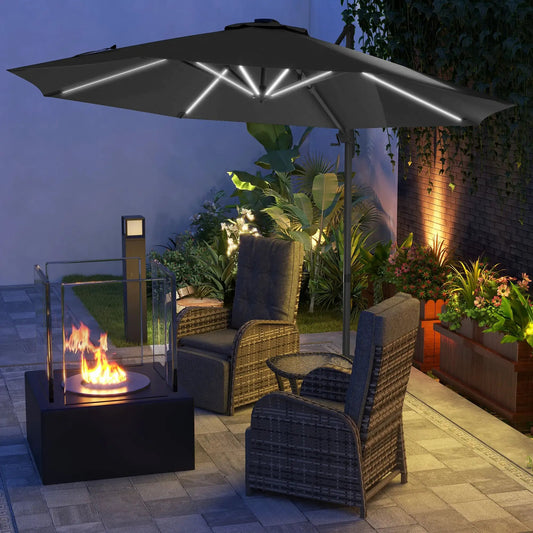 Outsunny 3(m) Adjustable Cantilever Parasol with Base, Solar LED Lights - Dark Grey | 84D - 110V03CG - Furniture, Lighting & Decor