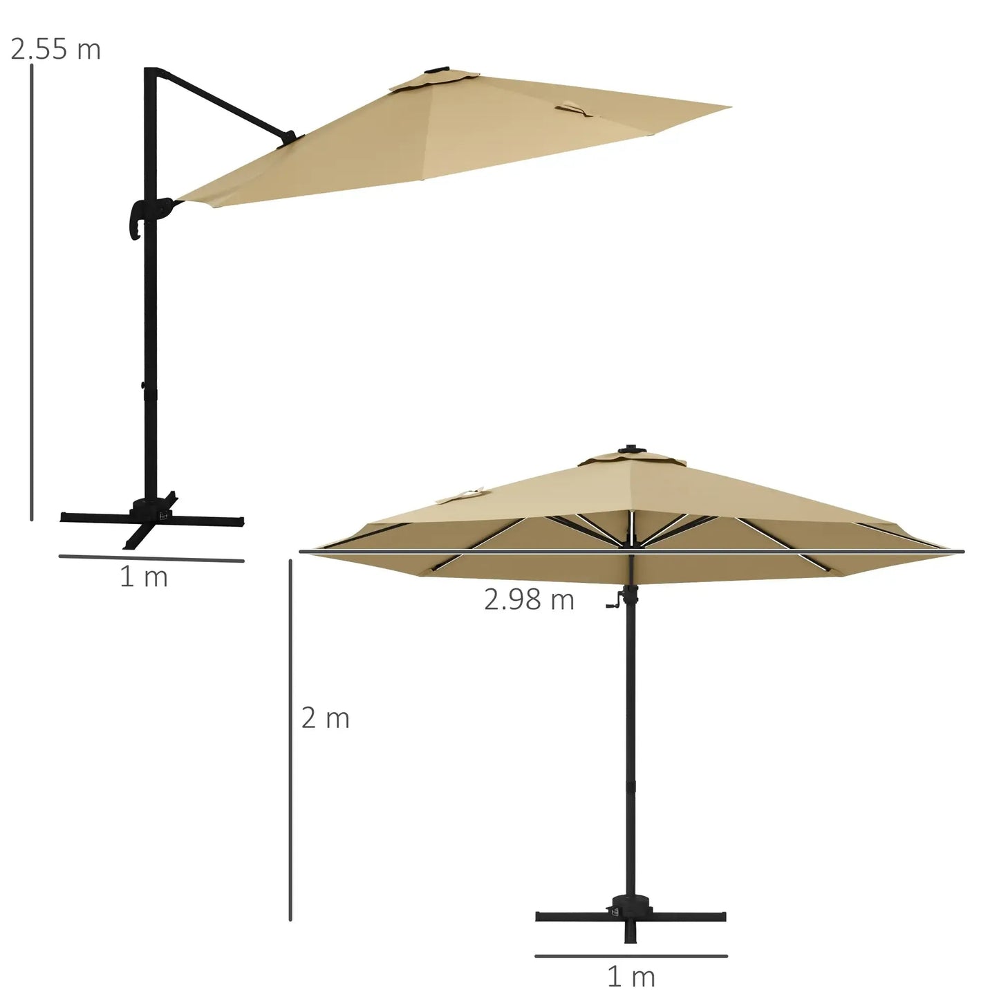 Beige cantilever patio umbrella with black metal frame and base from Outsunny 3m solar led cantilever parasol khaki model
