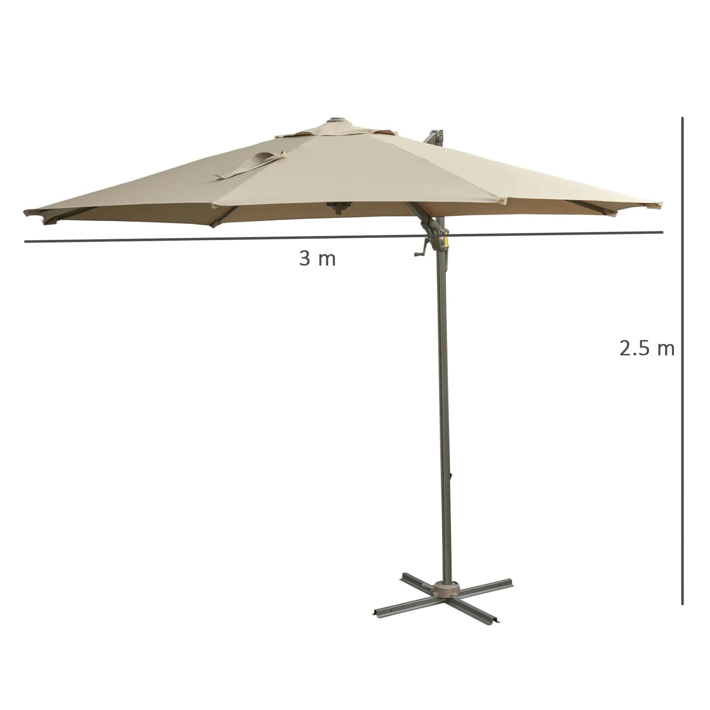 Beige 3 meter Outsunny cantilever beach umbrella with sturdy metal frame and cross-base stand for outdoor use