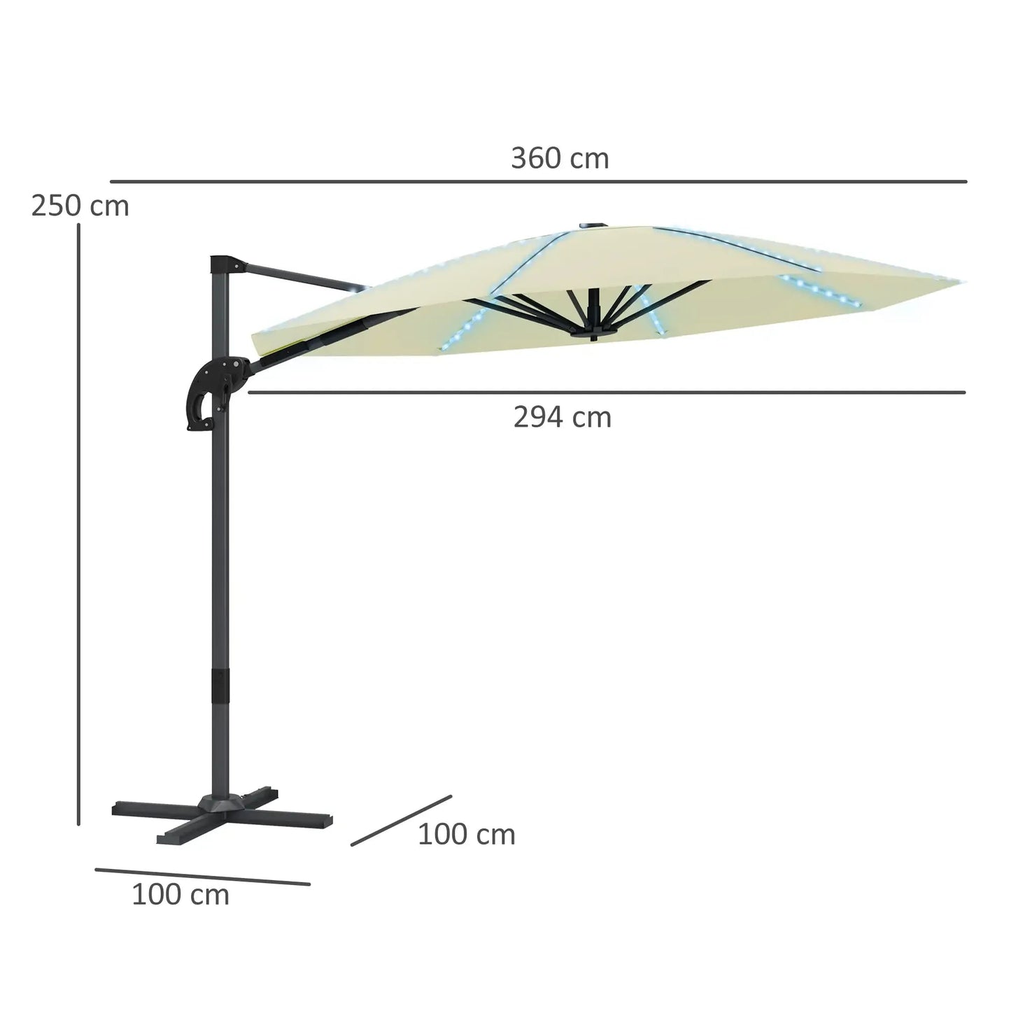 Outsunny 3(m) Cantilever Garden Parasol with Solar Powered Lights, Crank Handle & Cross Base, UPF 50+, 360° Rotation - Cream | 84D - 434V00CW - Furniture, Lighting & Decor