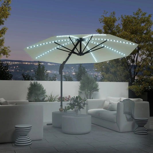 Outsunny 3(m) Cantilever Garden Parasol with Solar Powered Lights, Crank Handle & Cross Base, UPF 50+, 360° Rotation - Cream | 84D - 434V00CW - Furniture, Lighting & Decor