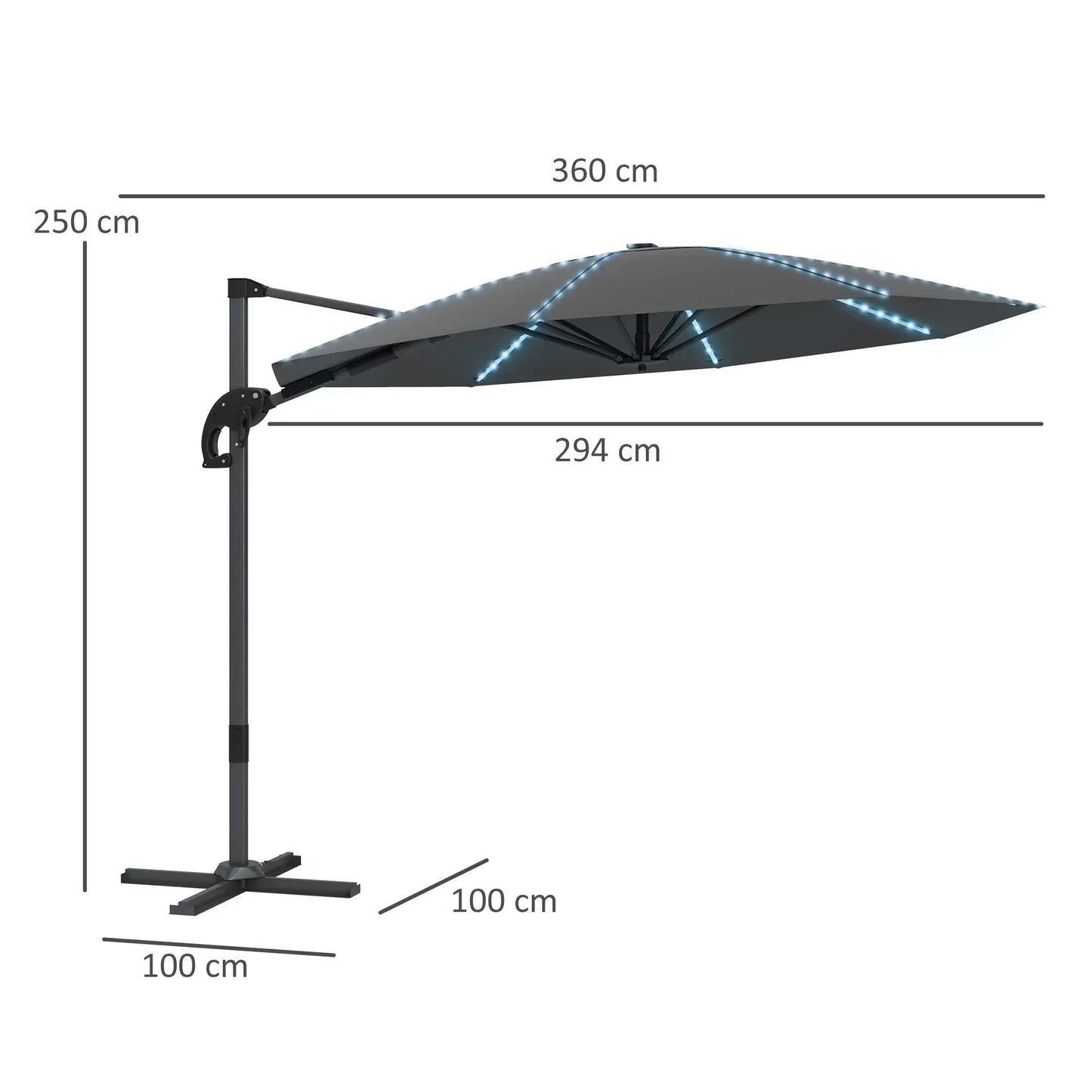 Outsunny 3(m) Cantilever Garden Parasol with Solar Powered Lights, Crank Handle & Cross Base, UPF 50+, 360° Rotation - Dark Grey | 84D - 434V00CG - Furniture, Lighting & Decor