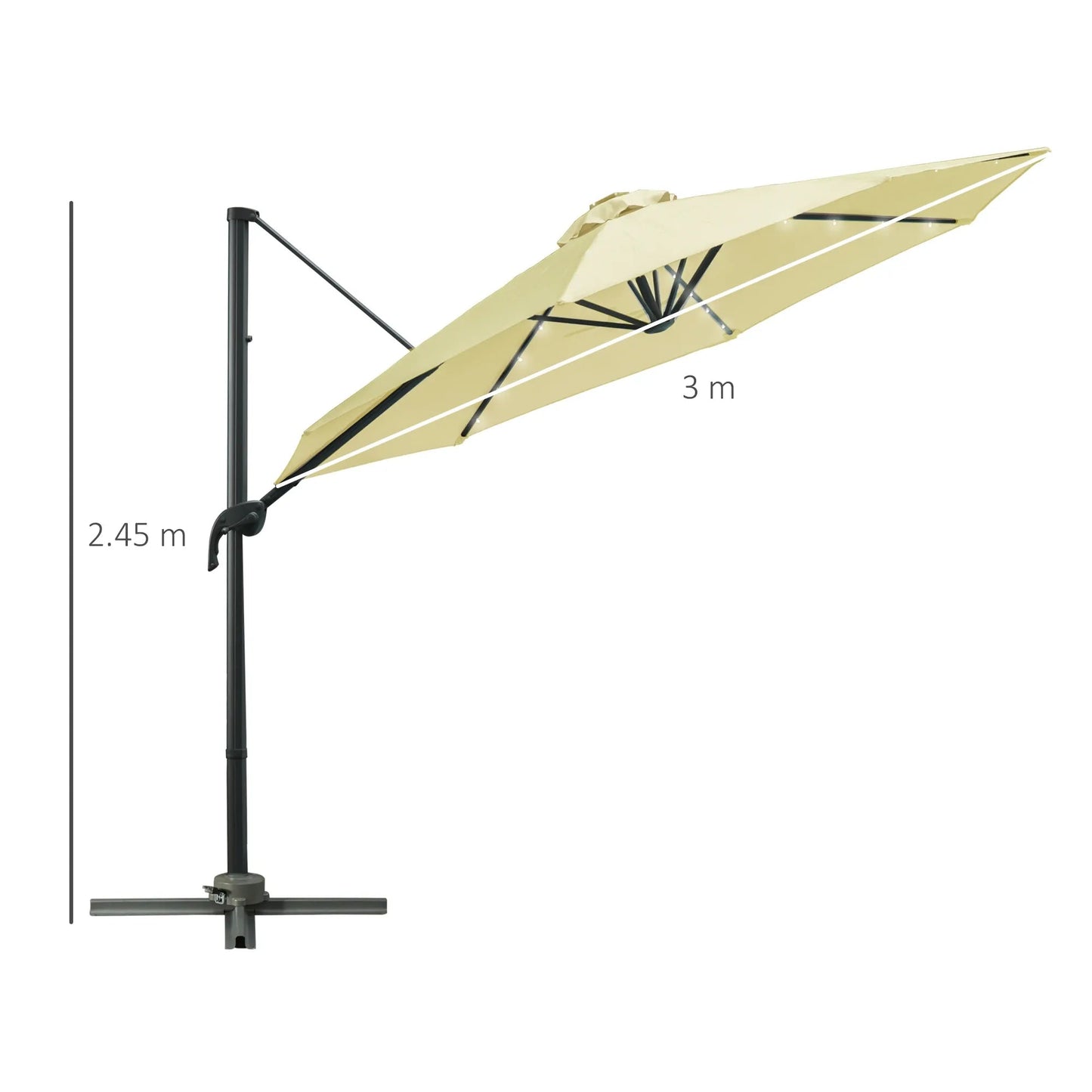 Beige 3m solar led cantilever parasol with black metal frame and base for 360 degree patio shade by Outsunny