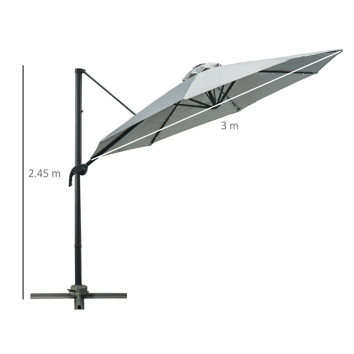 Outsunny 3m Cantilever Parasol – Crank, Tilt, LED, 360° Rotating - Grey | 84D - 099GY - Furniture, Lighting & Decor