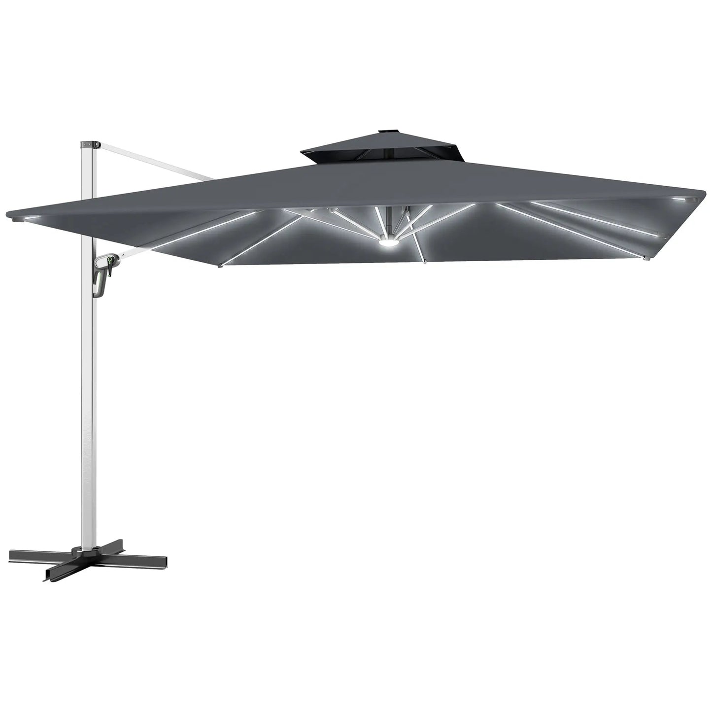 Outsunny 3m Cantilever Parasol – Solar LED, 360° Rotation, Tilt, Grey | 84D - 413V00GY - Furniture, Lighting & Decor