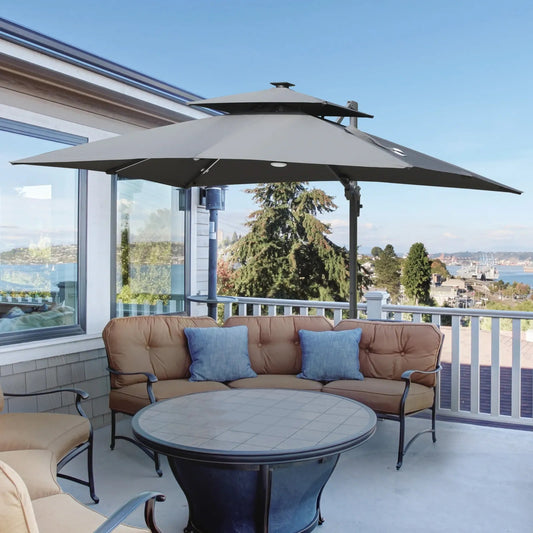 Outsunny 3m Cantilever Parasol – Solar LED, Tilt, Crank, Grey | 84D - 184CG - Furniture, Lighting & Decor