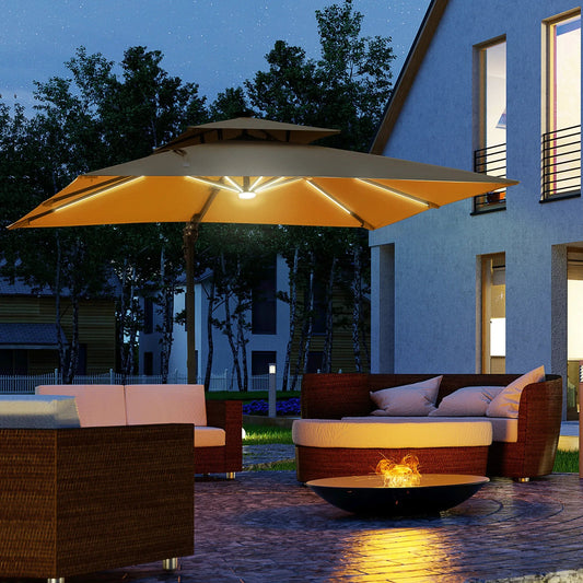 Outsunny 3m Cantilever Parasol – Solar LED, Tilt, Crank, Khaki | 84D - 184KK - Furniture, Lighting & Decor