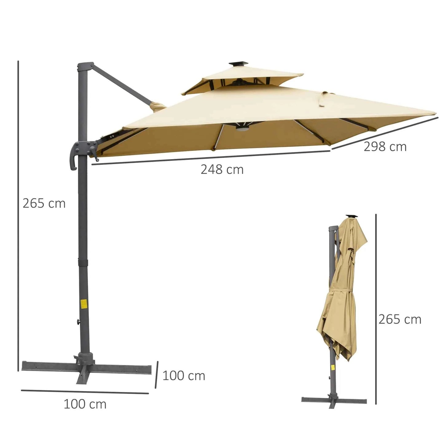 Outsunny 3m Cantilever Parasol – Solar LED, Tilt, Crank, Khaki | 84D-184KK