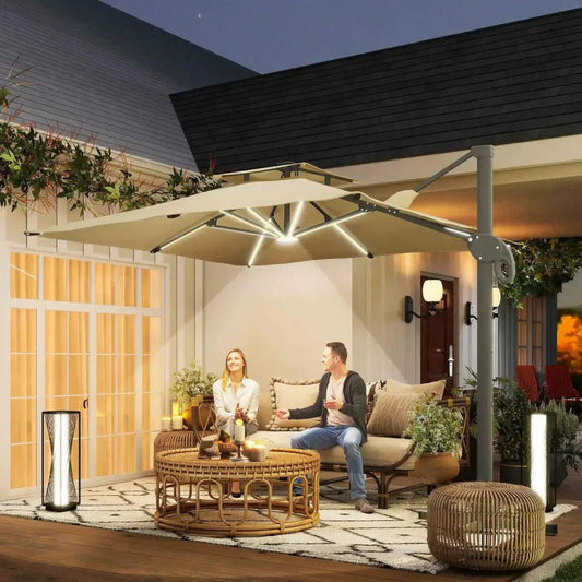 Outsunny 3m Cantilever Parasol with Solar LED Lights & 360° Rotation - Khaki | 84D‑108 - Furniture, Lighting & Decor