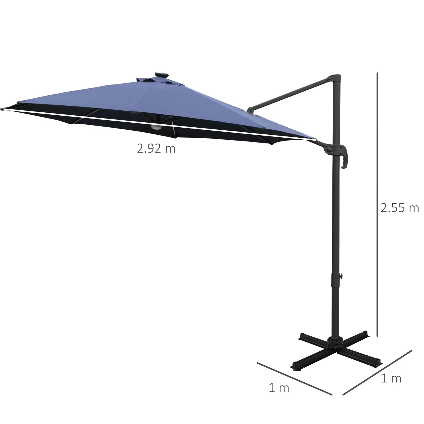 Outsunny 3(m) LED Cantilever Parasol Outdoor Sun Umbrella w/ Base Solar Lights - Blue | 84D - 104NU - Furniture, Lighting & Decor