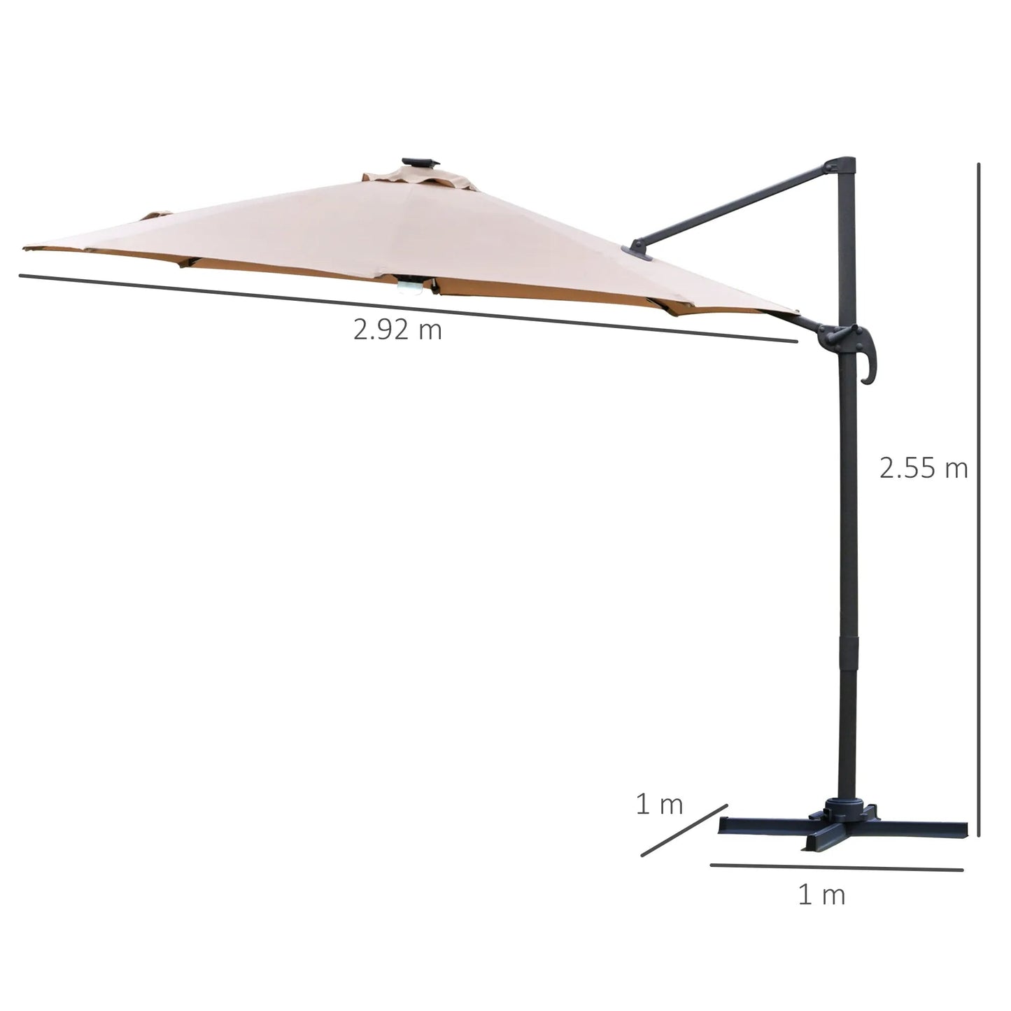 Beige fabric 3m solar led cantilever patio umbrella with black metal frame and base by Outsunny in brown model 84D-104CF
