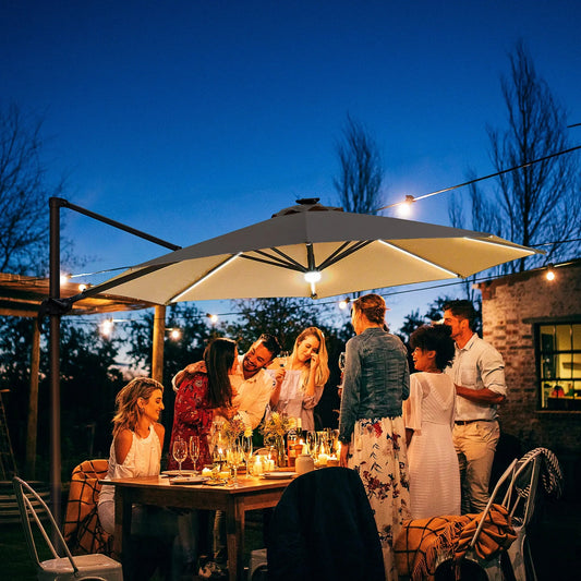 Outsunny 3(m) LED Cantilever Parasol Outdoor Sun Umbrella w/ Base Solar Lights - Brown | 84D - 104CF - Furniture, Lighting & Decor