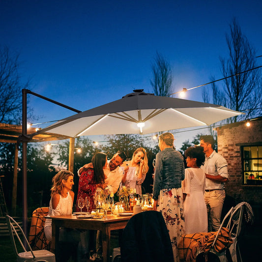 Outsunny 3(m) LED Cantilever Parasol Outdoor Sun Umbrella w/ Base Solar Lights - Grey | 84D - 104CG - Furniture, Lighting & Decor