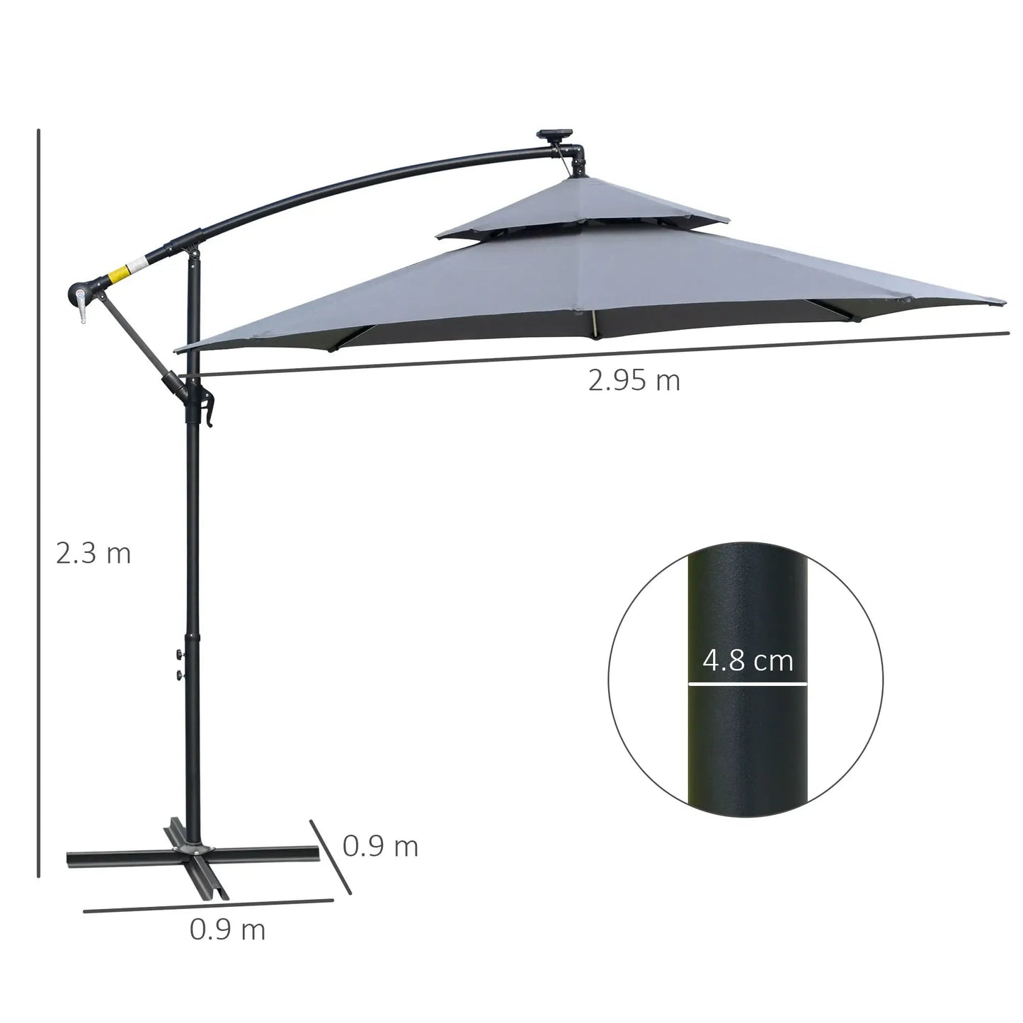 Gray double-tiered cantilever patio umbrella with black metal frame and base Outsunny 3 meter LED light parasol