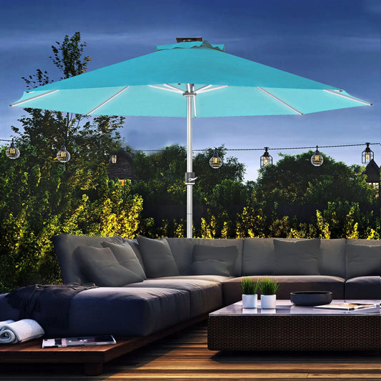 Outsunny 3m Parasol, with Solar - Powered LED Lights - Blue | 84D - 332V00LB - Furniture, Lighting & Decor