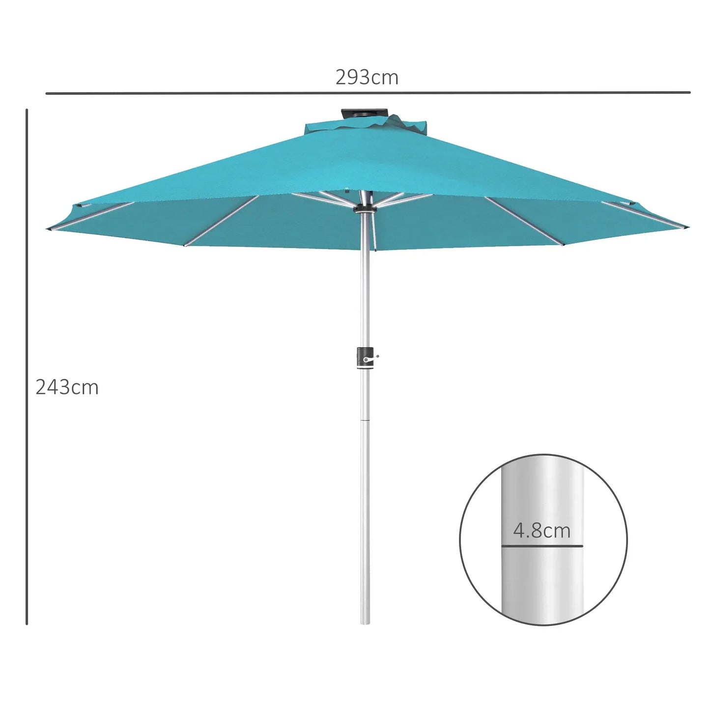 Teal patio umbrella with silver metal pole and frame outsunny 3m parasol with solar led lights blue 84d-332v00lb