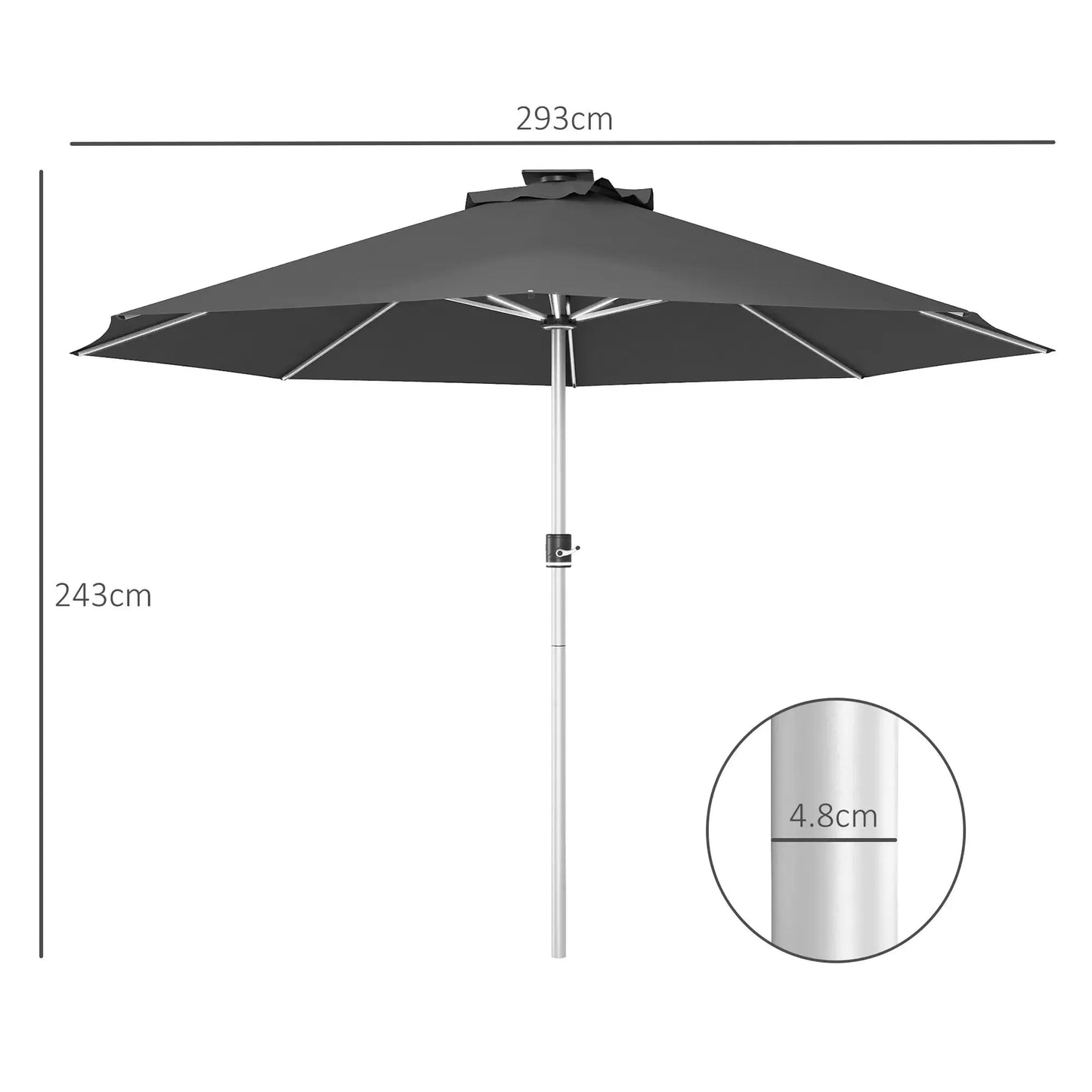 Black fabric patio umbrella with silver metal pole and frame featuring solar led lights by Outsunny