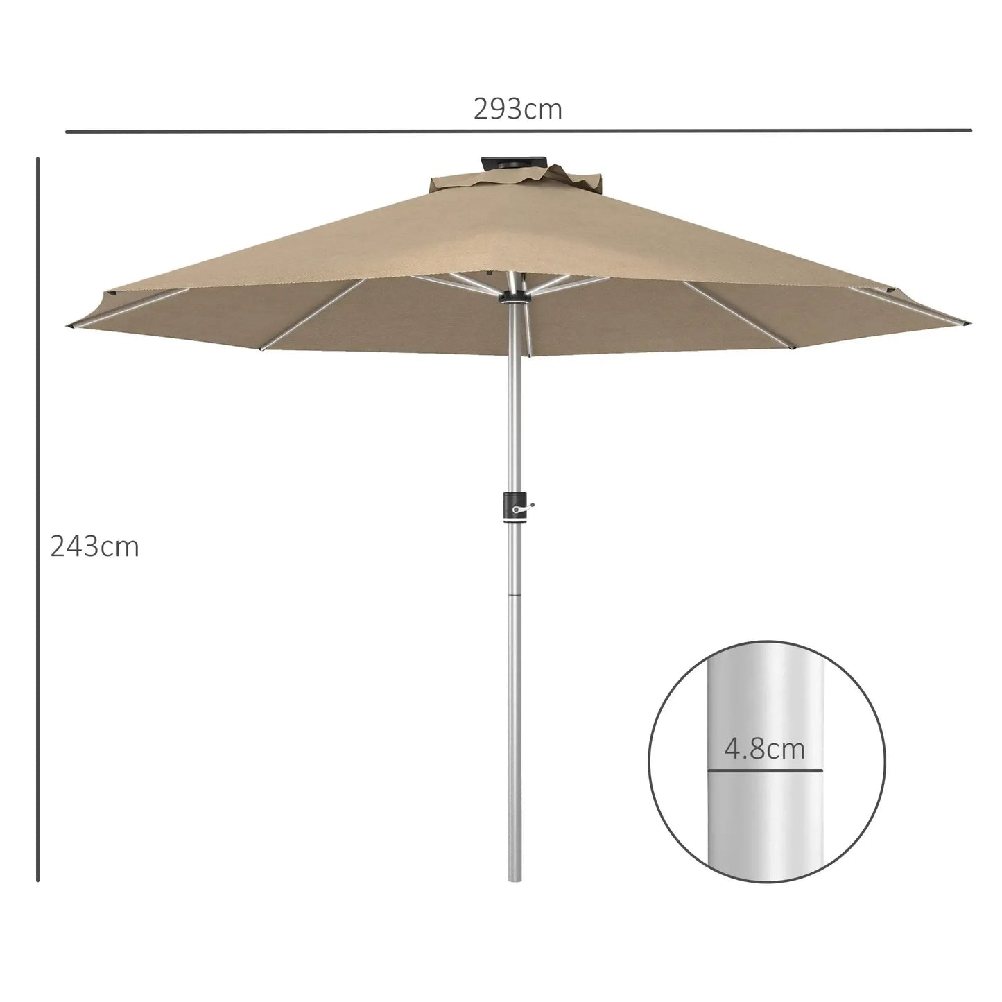 Beige fabric patio umbrella with silver metal pole and solar-powered canopy by outsunny 3m parasol khaki model
