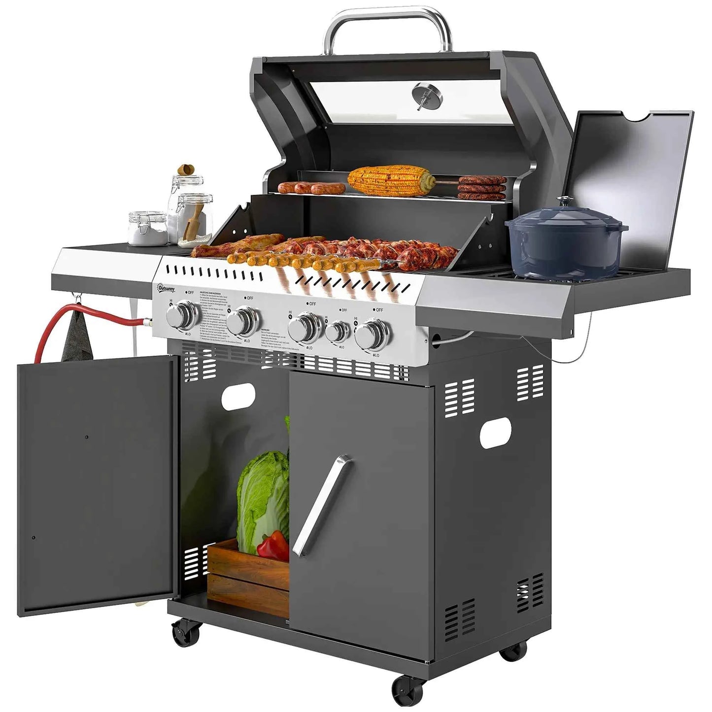 Outsunny 4+1 Burner Gas BBQ Grill – Clear Lid, Thermometer, Black | 846-195V70BK