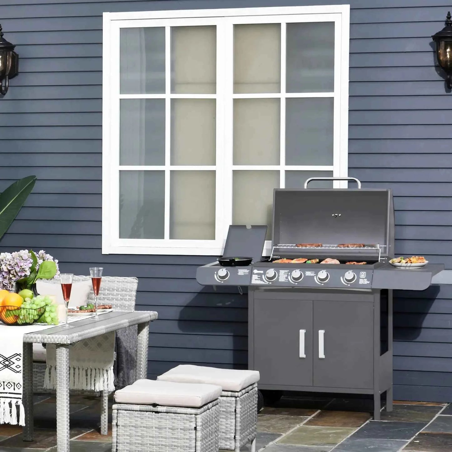Outsunny 4+1 Burner Gas BBQ Grill with Trolley, Storage & Thermometer - Grey | 846-016V70GY