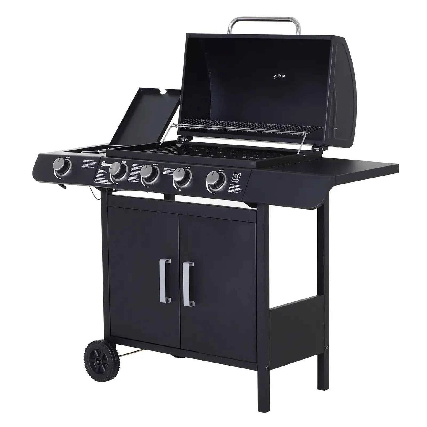 Outsunny 4+1 Burner Gas BBQ Grill with Trolley, Storage & Thermometer - Black | 846-016