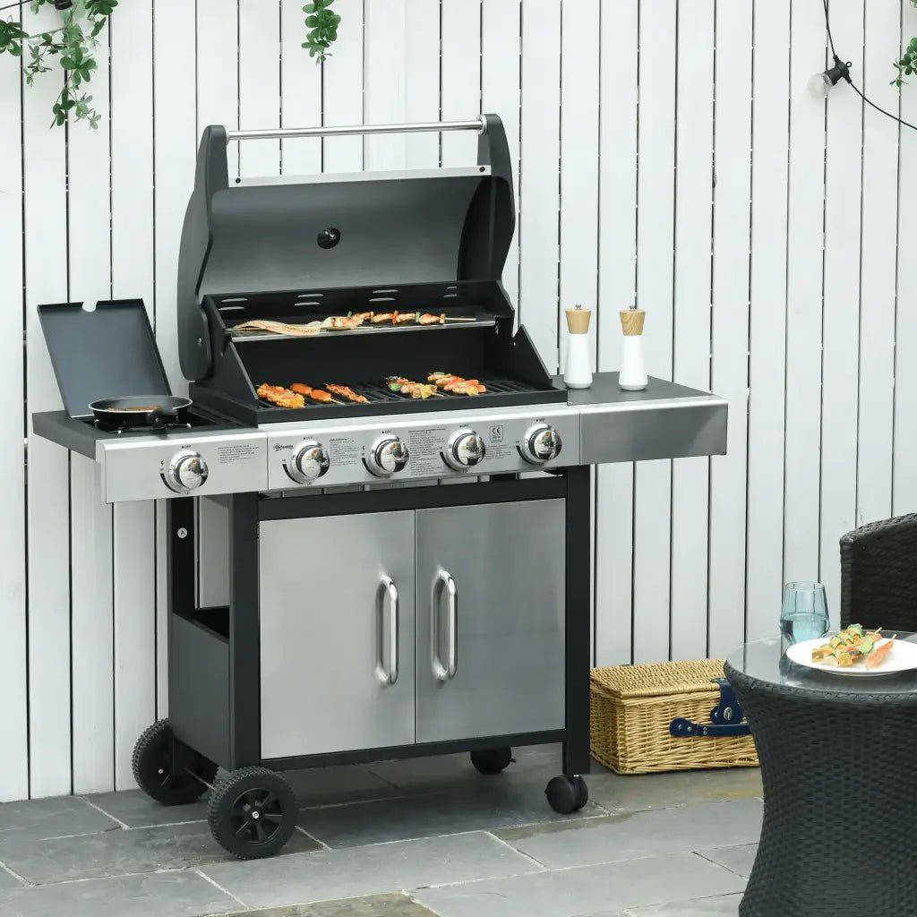 Outsunny Gas Barbecue Grill 4+1 Burner Garden Smoker BBQ Trolley w/ Side Burner Warming Rack Side Shelves Storage Cabinet Piezo Ignition Thermometer Stainless Steel + Metal 846 - 066 - Garden & Outdoor