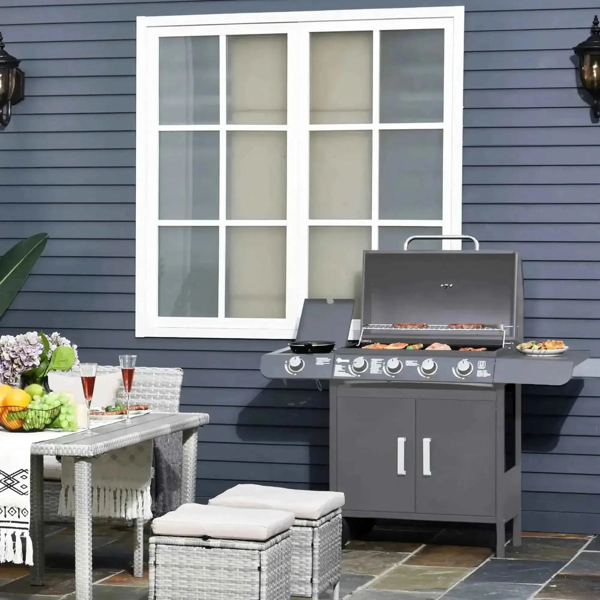 Outsunny gray 4+1 burner gas bbq grill with stainless steel lid, control knobs, storage cabinet, and built-in thermometer